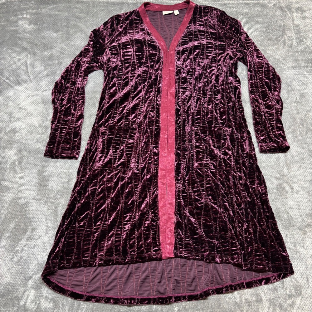 Logo Lavish Lori Goldstein Velvet Duster Cardigan Plum Purple Smocked A373332 L